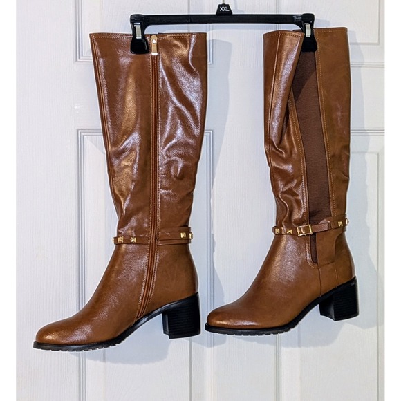 TORGEIS Destiny Camel Riding Knee High Boots Studded Buckle Block Heel NEW - Picture 4 of 12